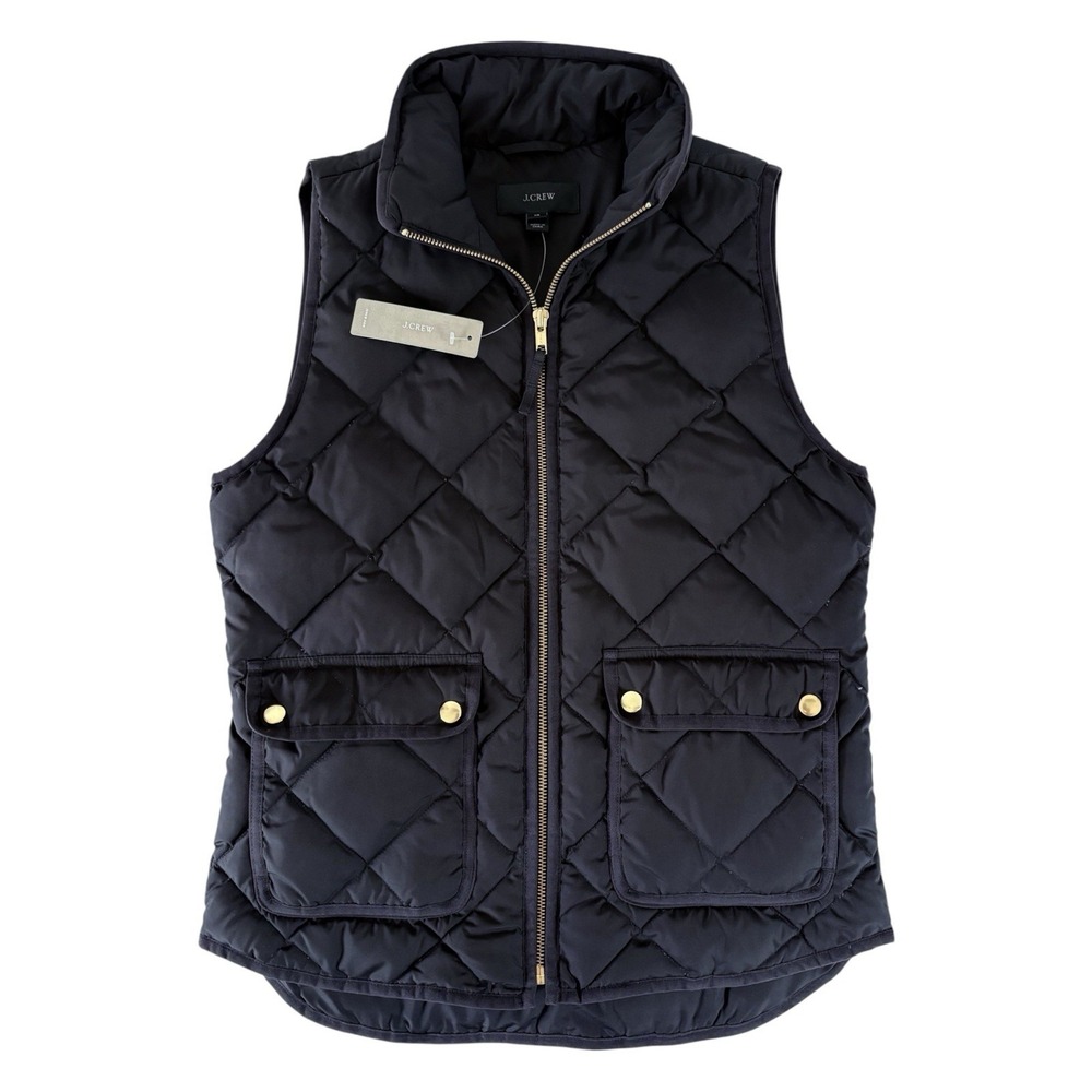 J Crew Excursion Diamond Quilted Down Puffer Vest Black Gold Zip XS NWT Preppy